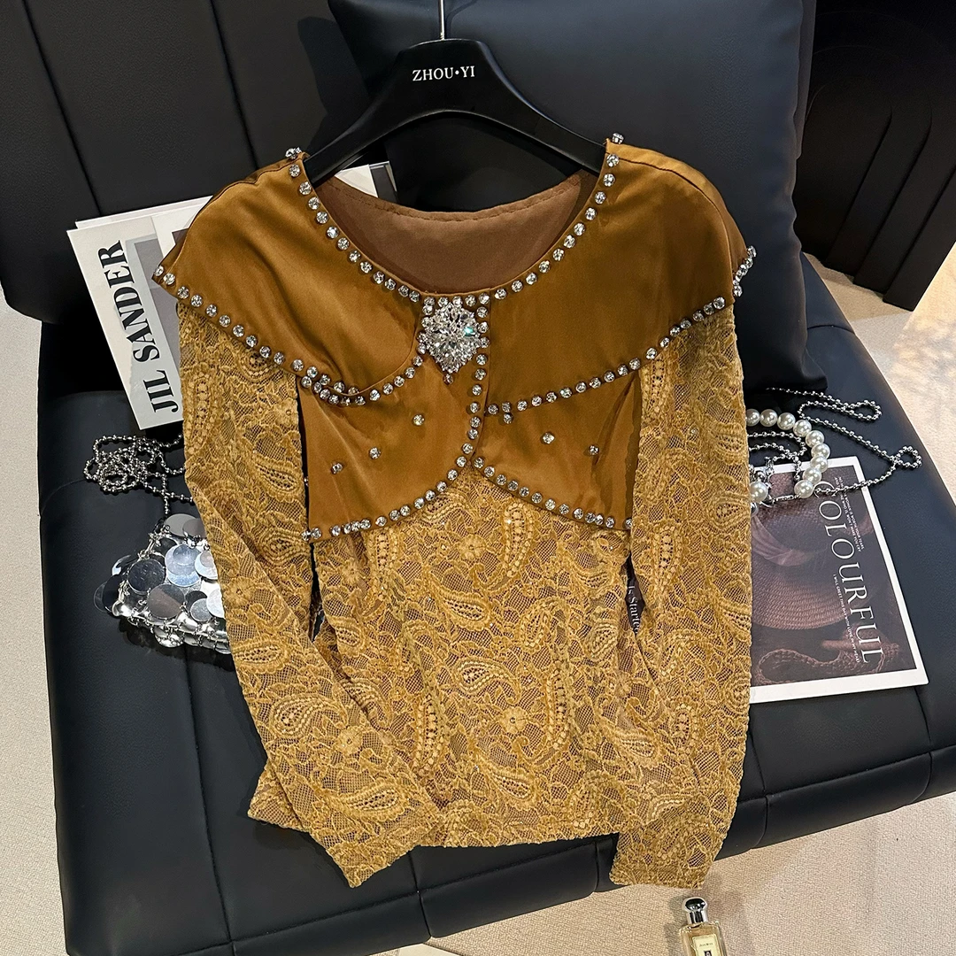 ZHOUYI/周一 修身气质性感蕾丝镶钻长袖上衣女早秋法式设计感T恤