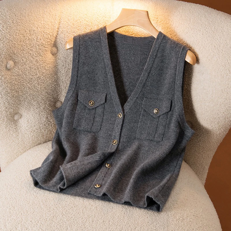 小众气质款！两兜V领山羊绒马甲开衫女针织马夹灰色无袖坎肩914