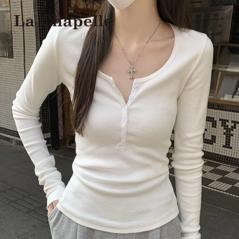 拉夏贝尔亨利领长袖内搭打底衫女早秋巨好看韩系穿搭修身紧身上衣