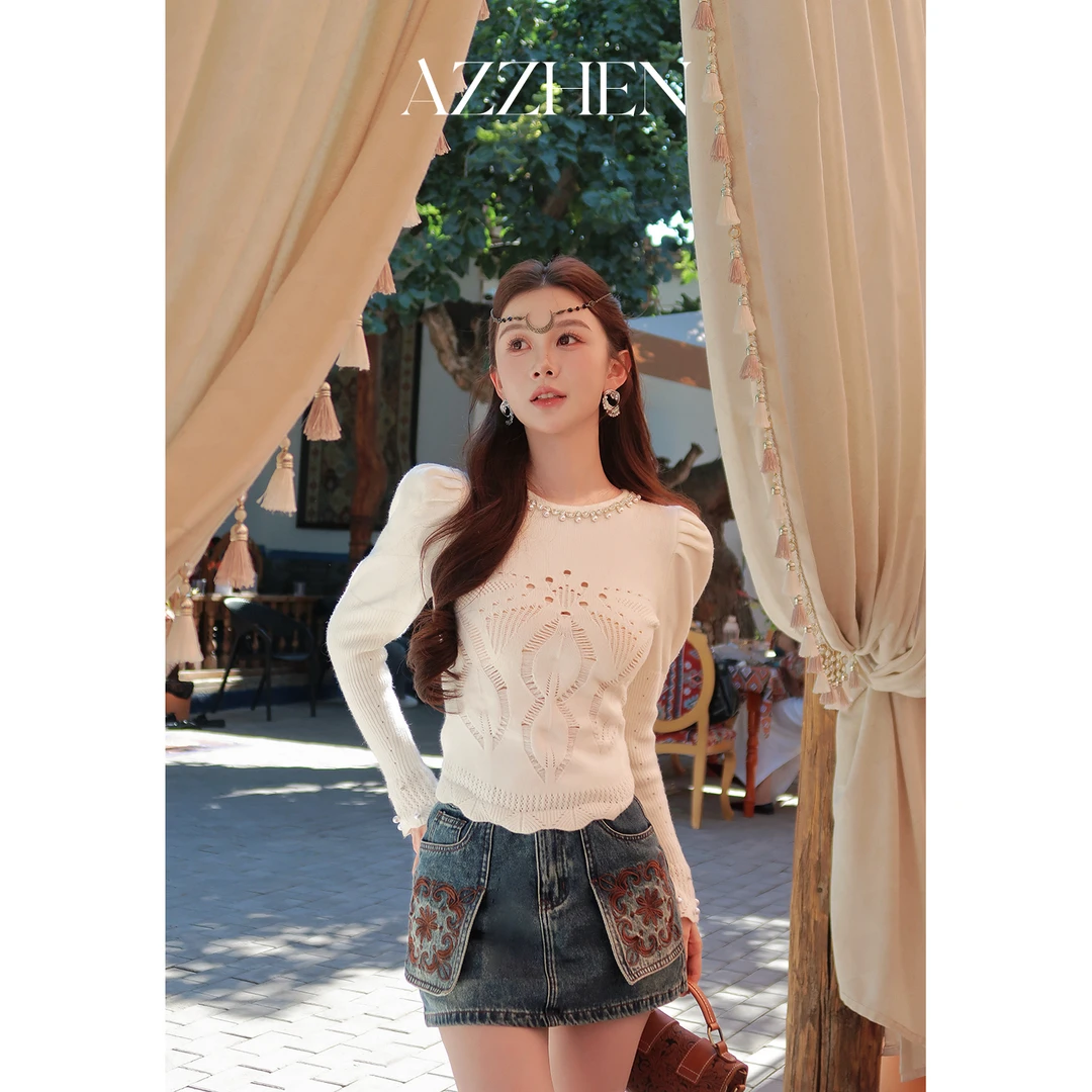 （秋势力周）AZZHEN【殿堂月光】波西米亚复古针织衫AZ5BBS12上衣白色