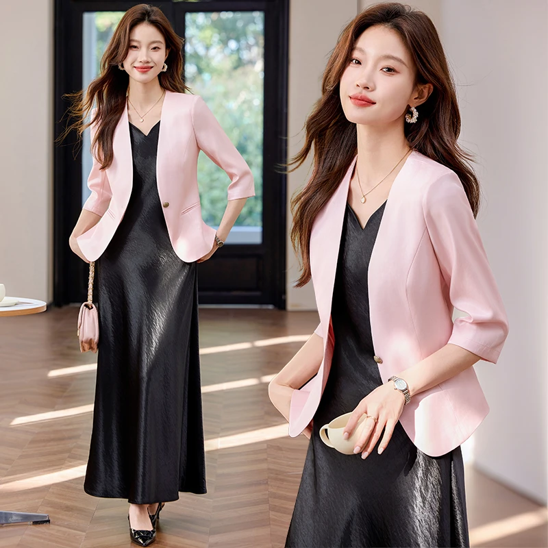 粉色无领小西装外套女士夏季中袖薄款气质女神范连衣裙西服休闲
