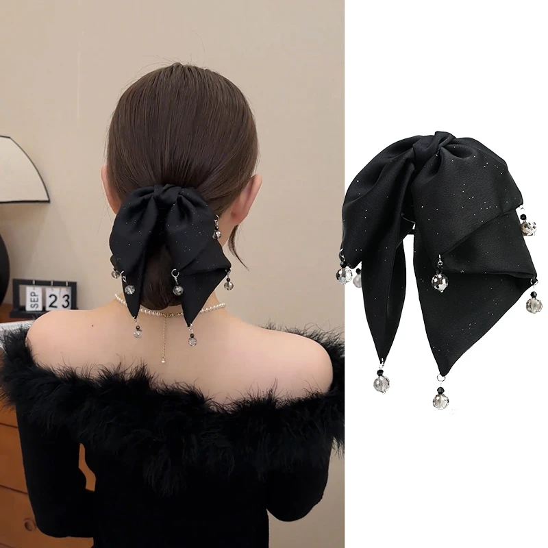 高端黑色缎面蝴蝶结发夹头饰气质网红半扎抓夹后脑勺简约百搭发饰
