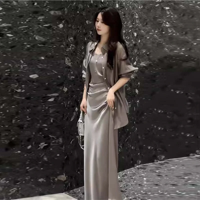 今年流行夏季两件套别致漂亮吊带连衣裙子高级感防晒外搭衬衫套装