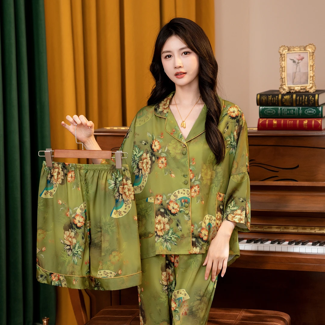 达芬奇密码绿萝香扇2025新款欧若风三件套睡衣宽松女士家居服套装