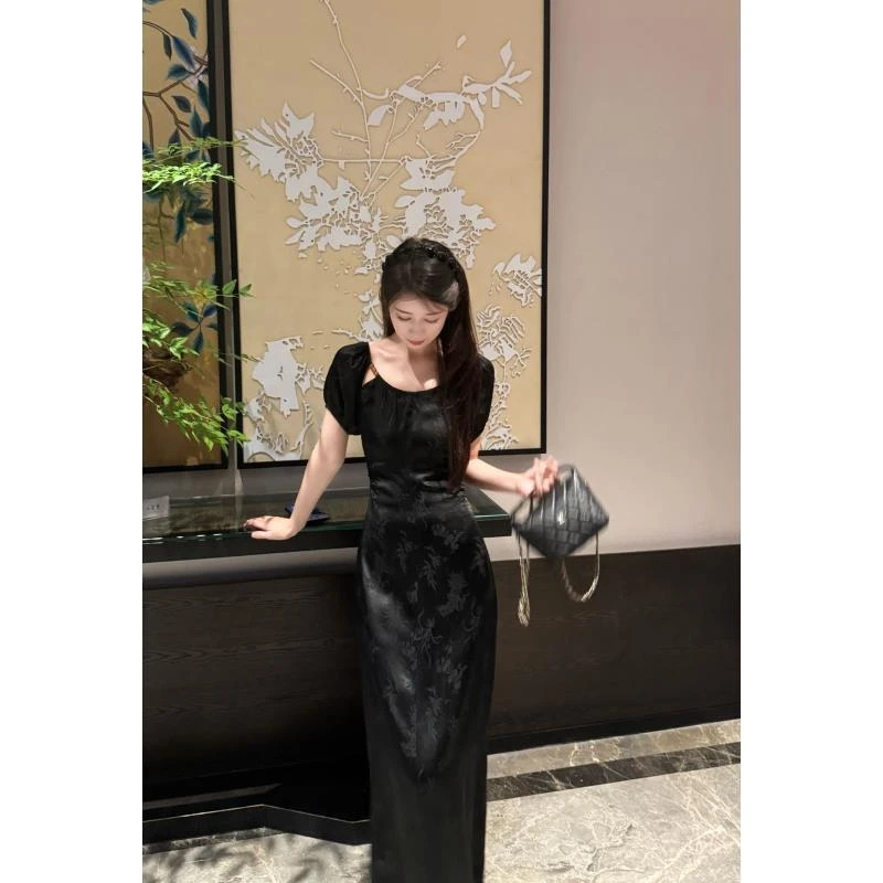 D113107F连衣裙高腰方领提花印花中式夏季蕾丝黑色长裙气质