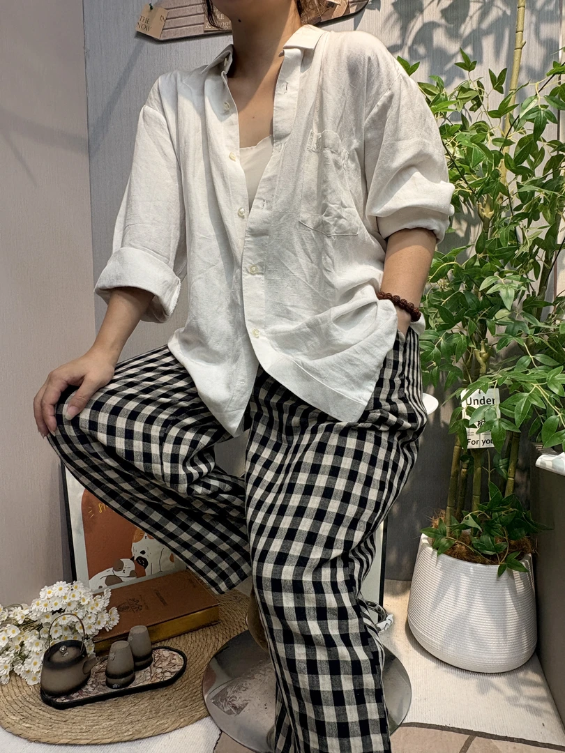 她.家  纯亚麻百搭神器简约休闲时尚长袖衬衫男女同款