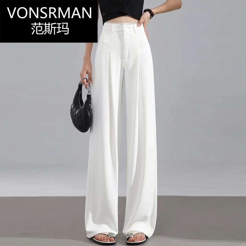 腰部蕾丝时尚拼接阔腿裤女夏季显瘦裤子拖地长裤子西装直筒休闲裤