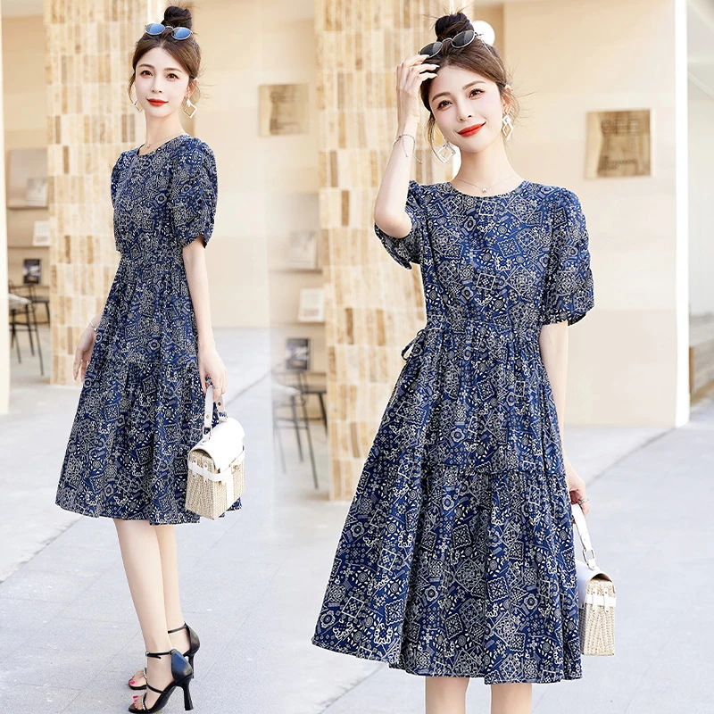 70后碎花小个子裙子连衣裙职场新中式裙子印花中长款显瘦气质蓝色