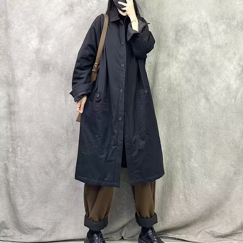 长袖翻领夹棉外套女2025秋冬中长款加厚保暖宽松休闲黑色风衣棉服