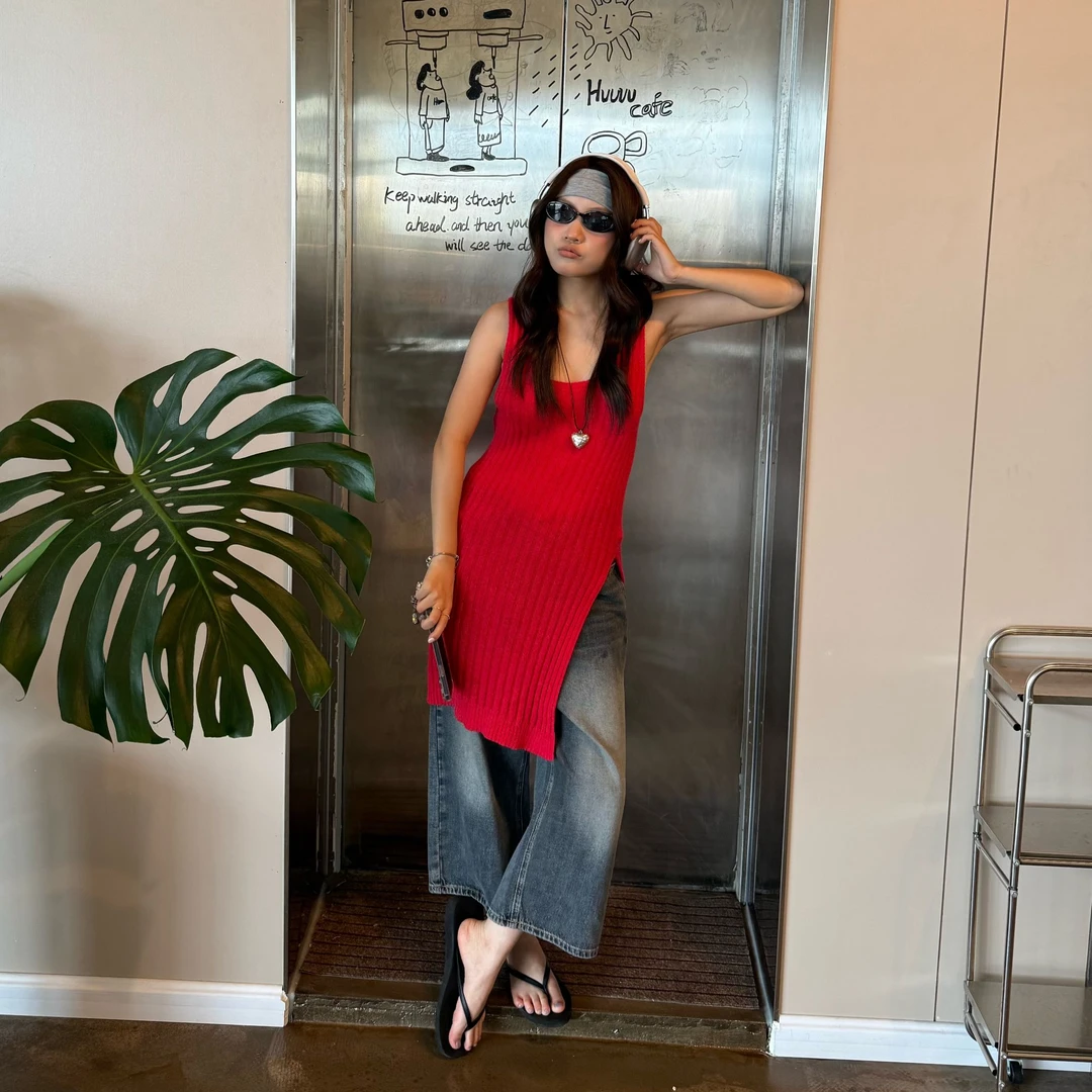 【清】逸语in choose u笑笑家2025春夏韩系侧开叉长款针织背心86735