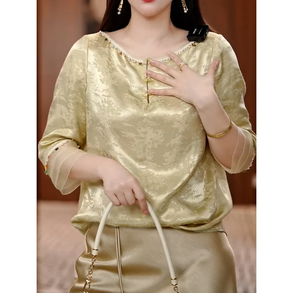 新中式文艺风提花圆领衬衫女2025夏季新款端庄优雅七分袖显瘦衬衣