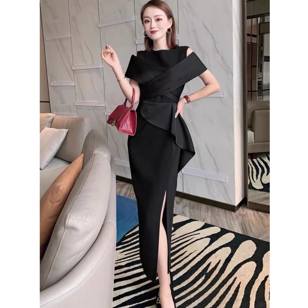 高端轻奢礼服裙修身显瘦一步裙法式小众露肩开叉长款连衣裙956