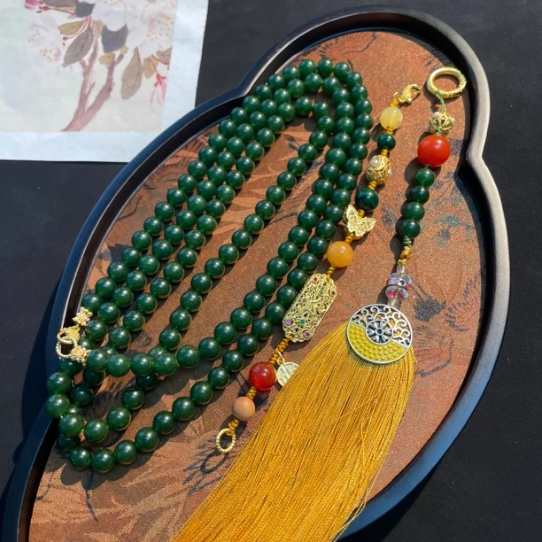 铜合金石英石项链 新中式斜挎链长款国风项链串珠毛衣链背云配饰