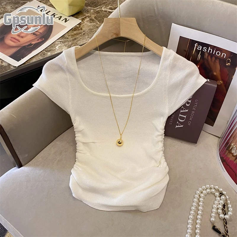 gpsunlu法式复古短袖针织女夏季新款纯欲风又甜欲风灰色针织女衫