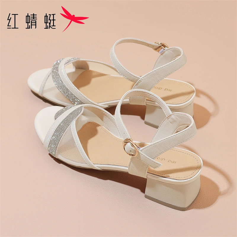 红蜻蜓粗跟一字带凉鞋女款2025新款夏季外穿水钻高跟鞋软底妈妈鞋