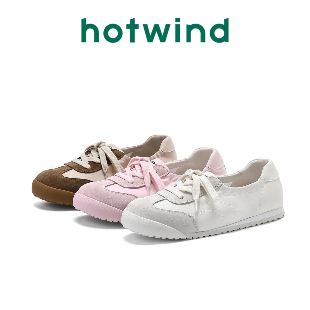 Hotwind/热风复古拼色2025新款小白鞋休闲女单鞋复古芭蕾德训鞋