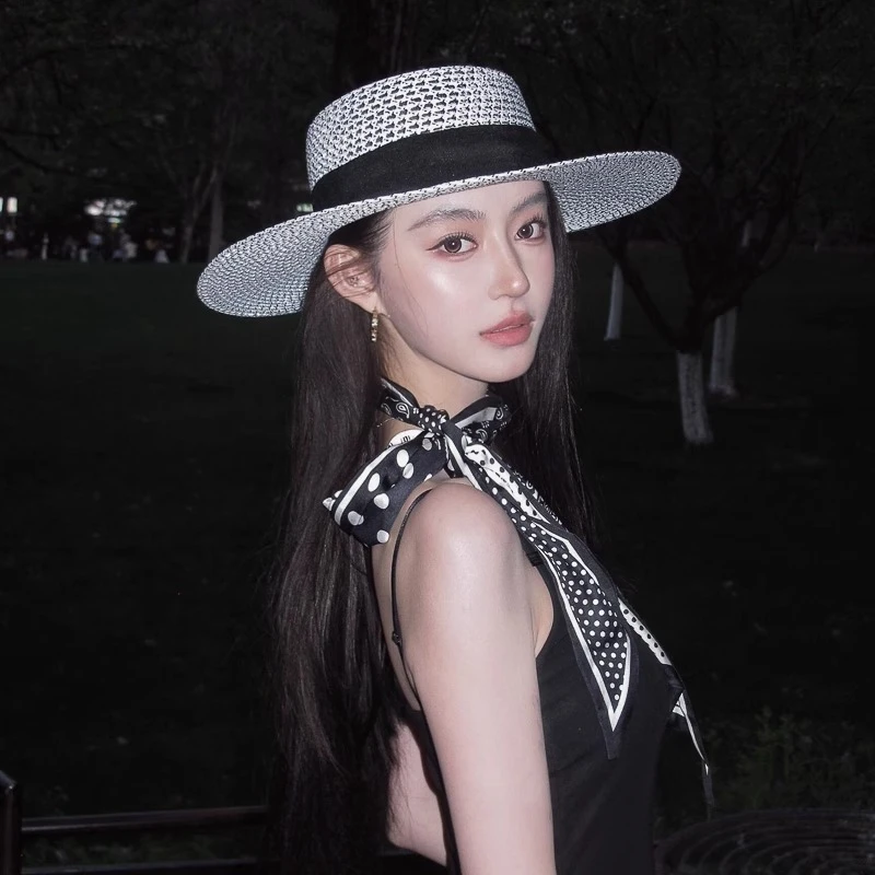 2025新款法式小香风黑白镂空平顶草帽英伦风时尚气质设计师礼帽女