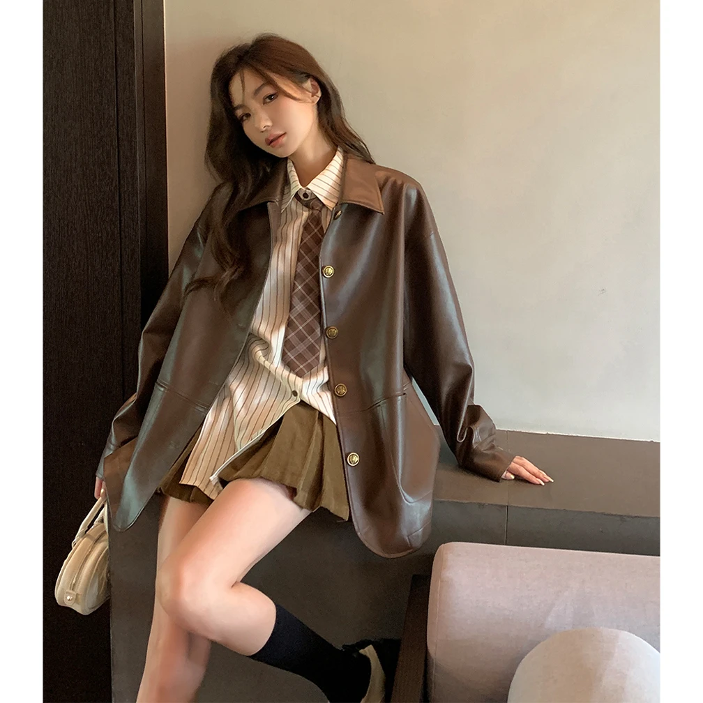 复古港风chic咖色皮衣机车外套女秋季2025时尚高级感宽松pu皮夹克