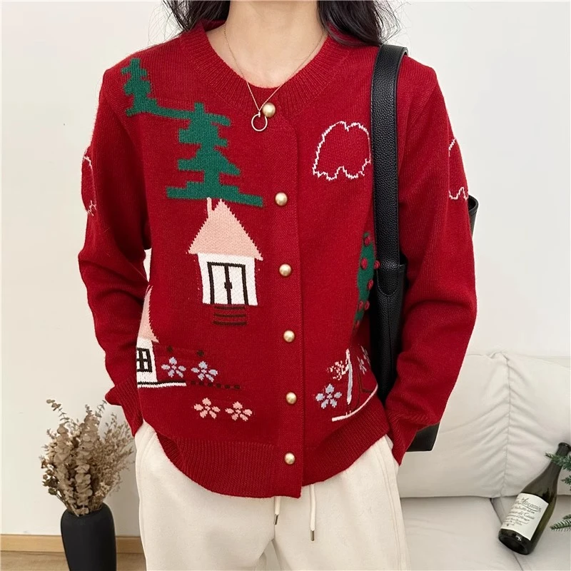 北欧童话小镇提花针织衫女秋冬新款红色新年氛围感洋气超好看毛衣