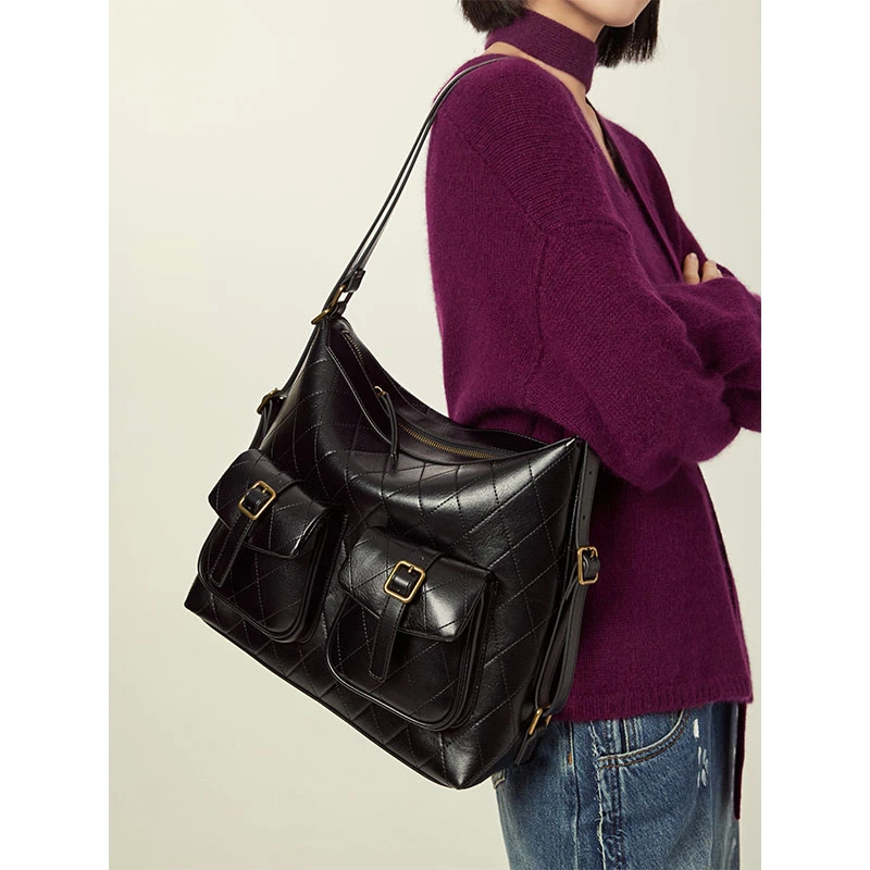 美洋MEIYANG 黑狐单肩包 复古优雅可调节肩带大容量几何托特包