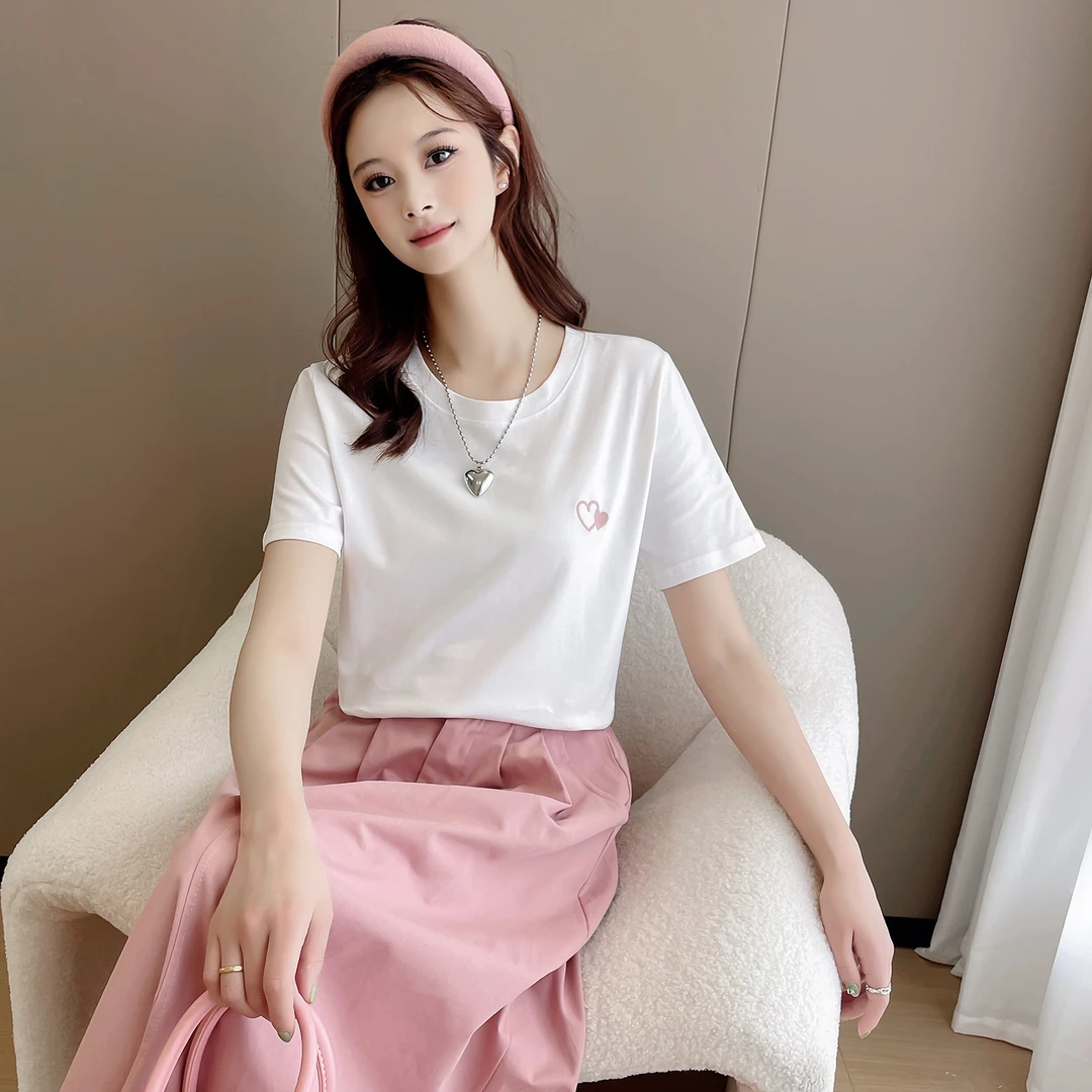 苏醒的乐园t恤女夏季新款95棉SXT53112宽松版刺绣心显瘦百搭简约