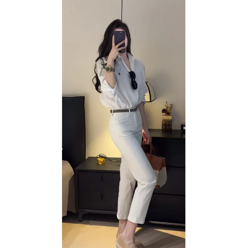 2025春夏新款修身显瘦简约百搭宽松简约百搭衬衫上衣休闲直筒长裤