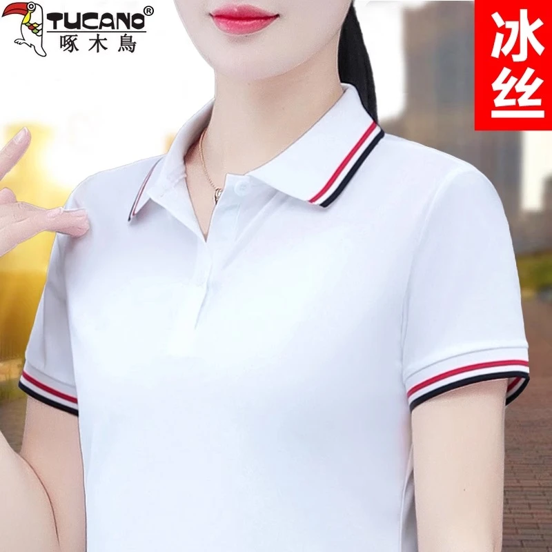 啄木鸟翻领白色短袖女夏季大码装带领polo衫运动t恤工作服文化衫