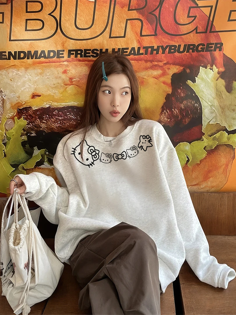 凯蒂猫白灰色圆领卫衣女2025秋冬季新款休闲百搭外套加绒加厚上衣