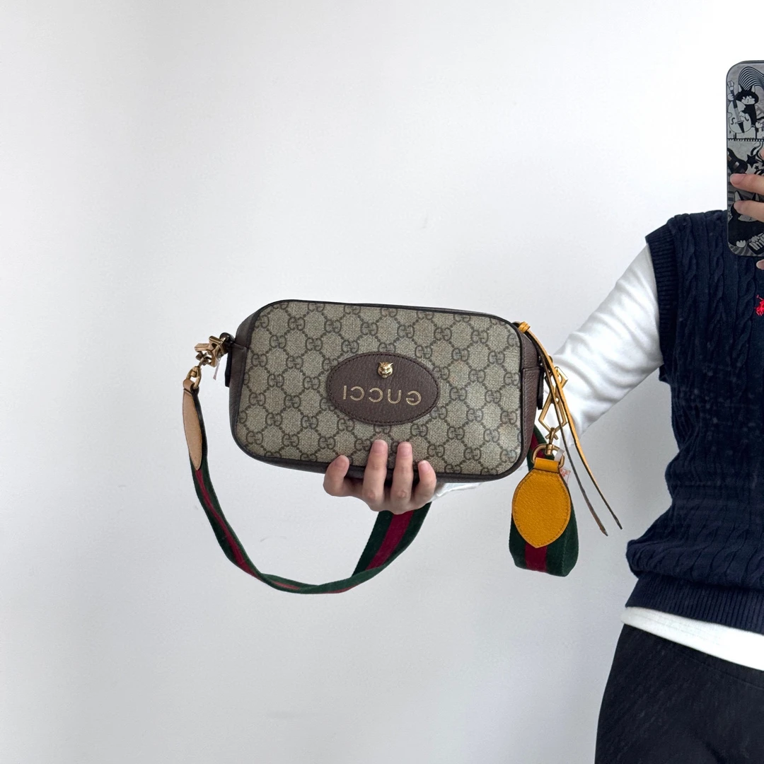95新 GUCCI/古驰 gucci老化棕色红绿肩带相机包