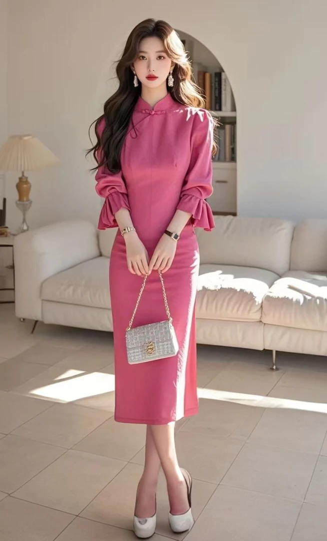 SS899新中式女装国风玫红色衬衫连衣裙漂亮独特气质名媛长裙子