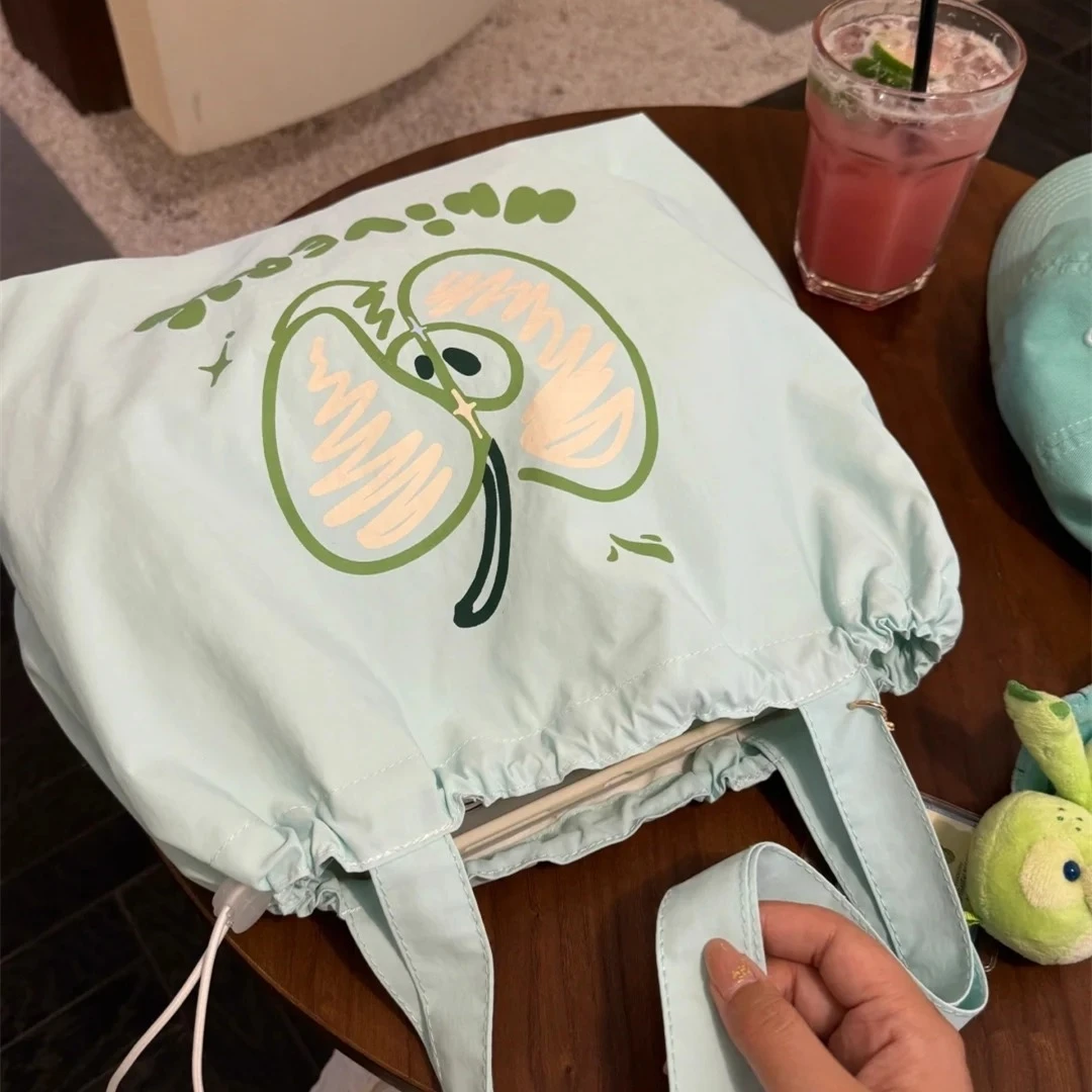 可爱青苹果帆布包大容量手提包夏季韩版单肩包百搭通勤抽绳托特包