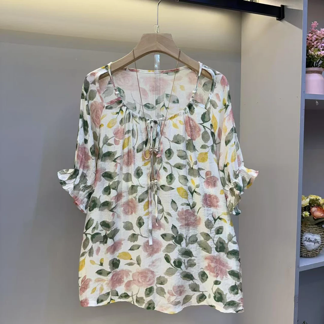 欧货2025大码女装复古碎花圆领短袖衬衫夏季新款宽松显瘦女人衫