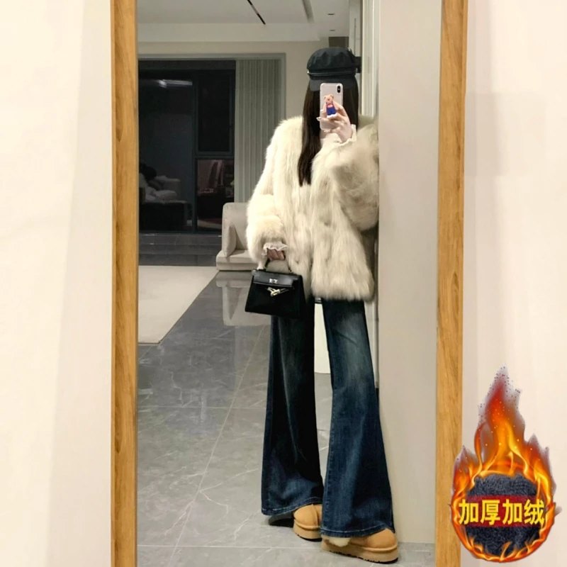 180高个子175加长高腰微喇牛仔裤女秋冬加绒宽松复古不贴腿喇叭裤