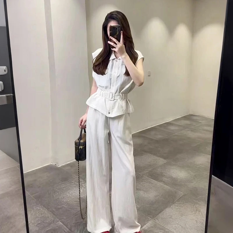 现货2025夏季新款一整套老钱风休闲白色马甲阔腿裤亚麻套装女