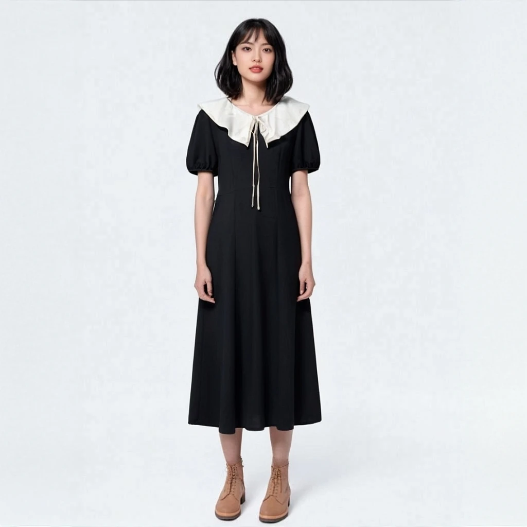【热销】法式复古撞色大翻领连衣裙女收腰套装女秋清冷系禅意衣服女