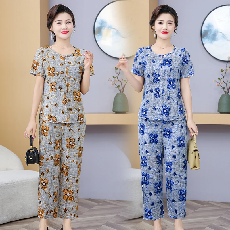 夏季高弹透气套装中老年妈妈清凉丝滑居家两件套宽松短袖上衣裤子
