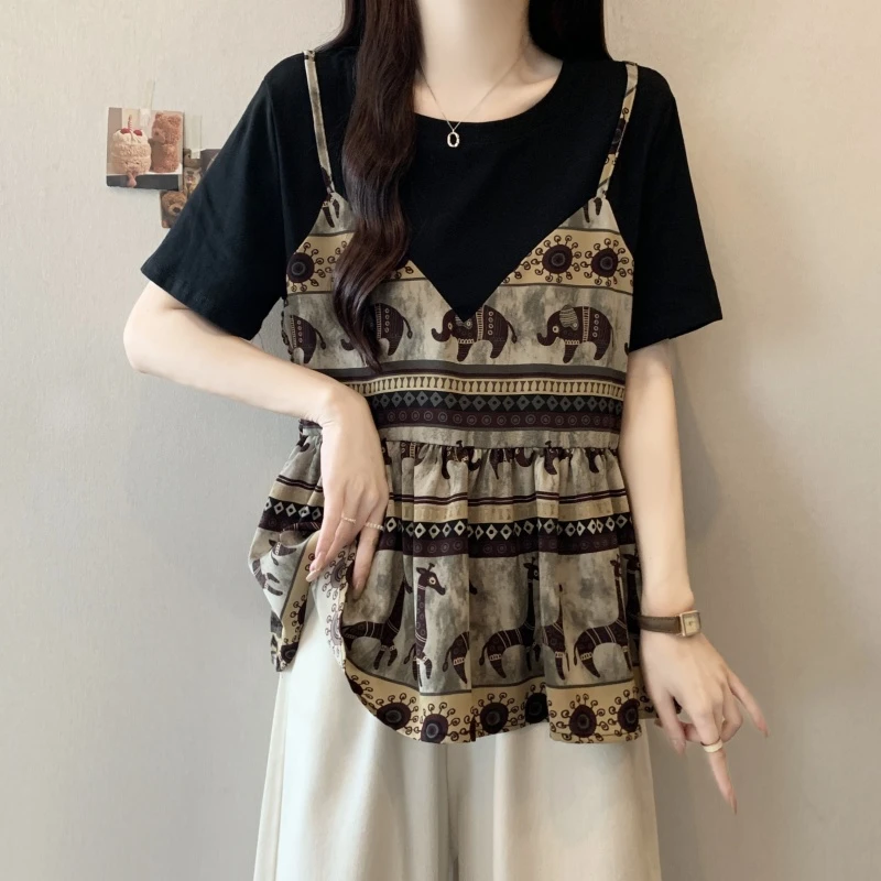 大码女装2025夏季新款拼接小众显瘦胖mm短袖假两件短袖上衣2030