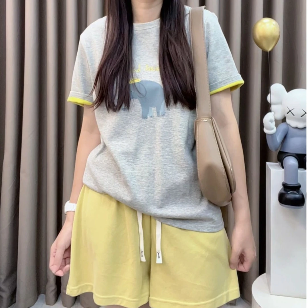 设计感2025春夏季圆领百搭宽松显瘦拼色卡通小象T恤打底衫DYY2701