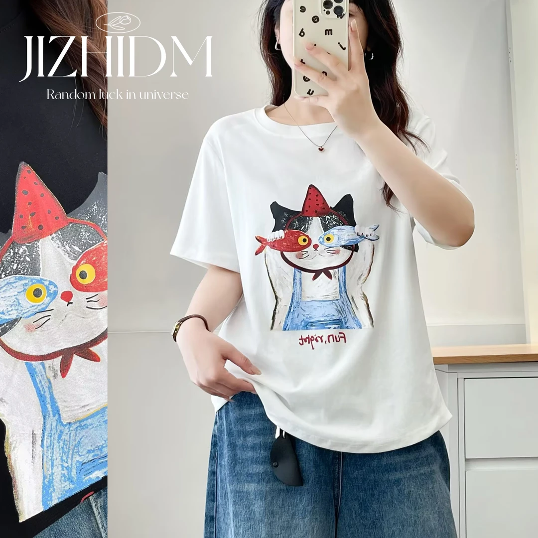 【100-200斤】夏季新款卡通印花宽松圆领短袖打底衫女休闲百搭上衣T