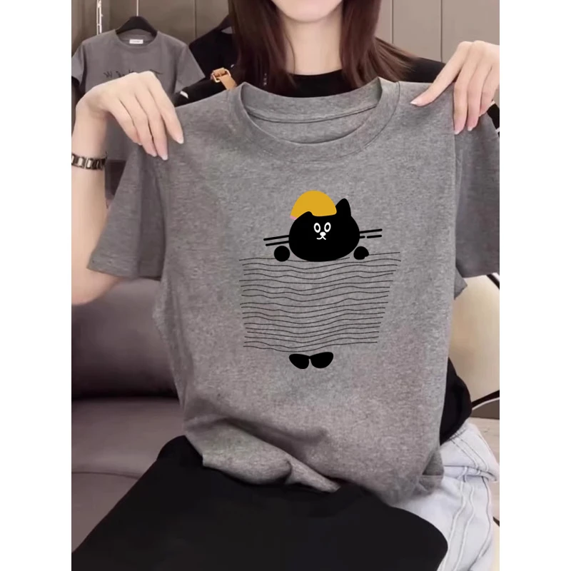 正肩纯棉短袖t恤女夏季薄款2025年时尚百搭减龄灰色上衣打底衫潮