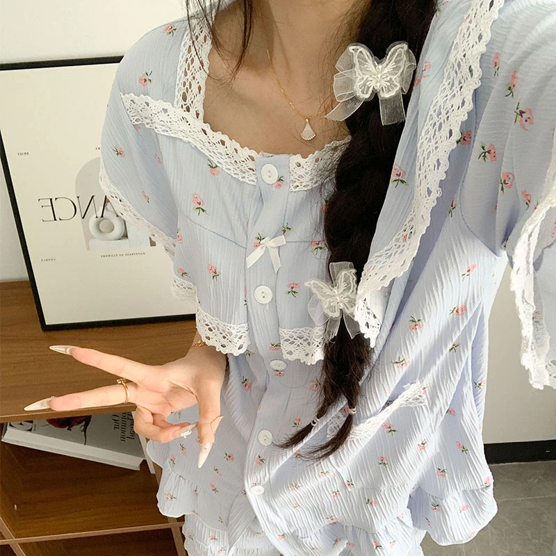 睡衣女款夏季日系公主风碎花云朵棉短袖套装睡裙薄款家居服可外穿