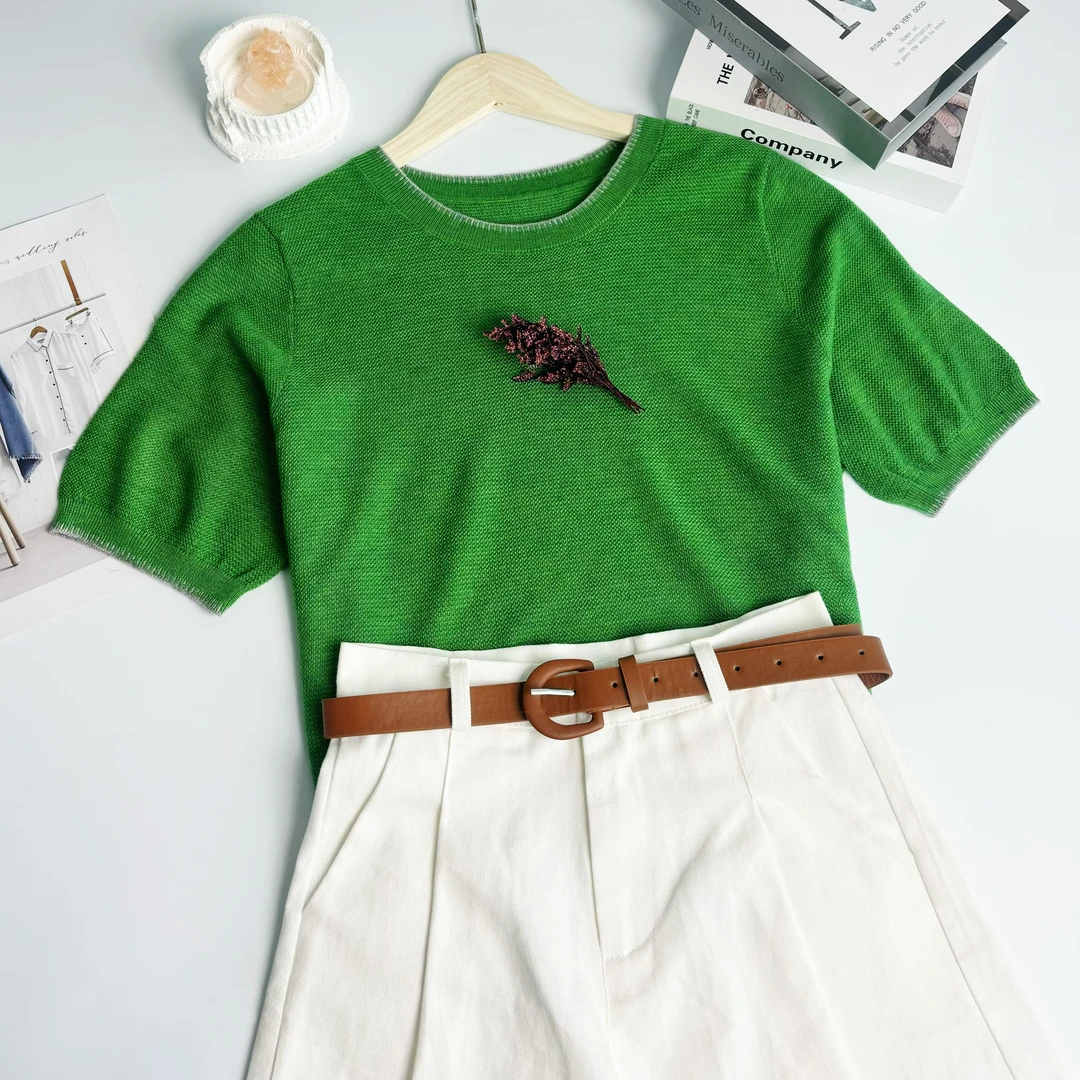 新新定制-撞色字母刺绣款微镂空薄款微透针织短袖139821