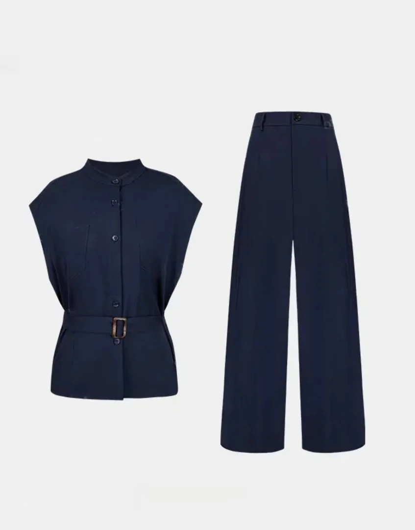 亚麻套装短袖外套+阔腿裤小香风两件套-1