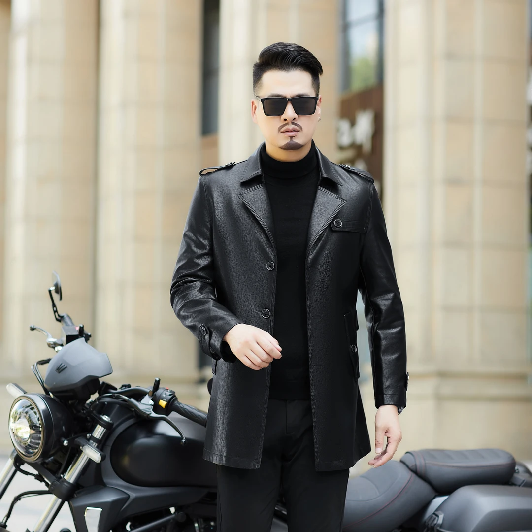 [海宁真皮]男士中老年真皮中长款风衣秋冬高档商务休闲