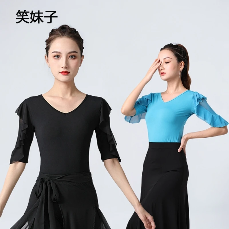 新款女成人拉丁舞上衣荷叶边中袖舞蹈服国标舞摩登舞练功演出服装