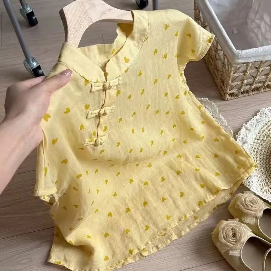 新中式夏季爱心印花短袖衬衫气质上衣极简风