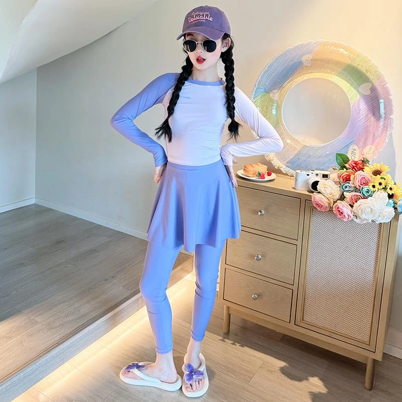 女童高颜值泳衣2025新款儿童长袖长裤泳装大童女孩分体防晒游泳衣