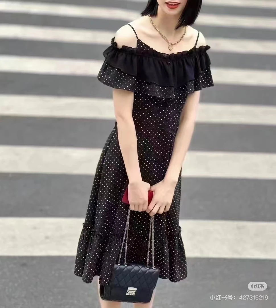 不退换 夏季时尚收腰荷叶边波点气质显瘦连衣裙1500360