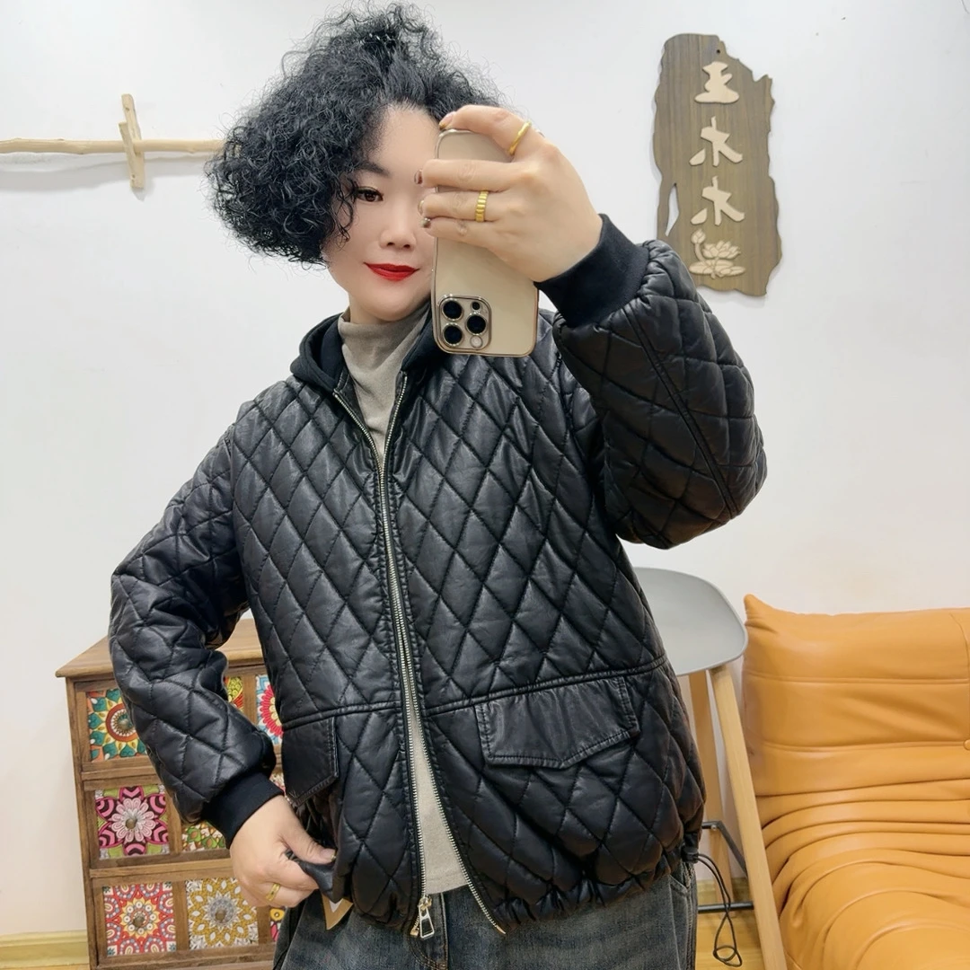 9207#甩帽菱格棉服外套