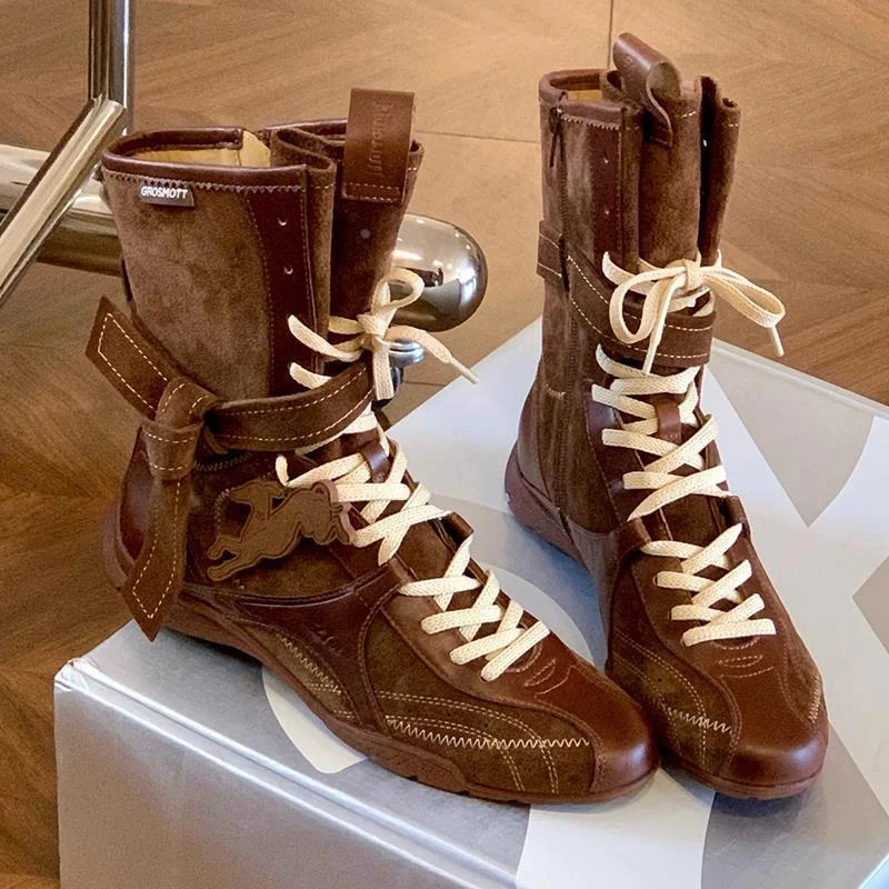 秋季新品平底内增高马丁靴女2025新款拳击靴磨砂皮系带短靴德训